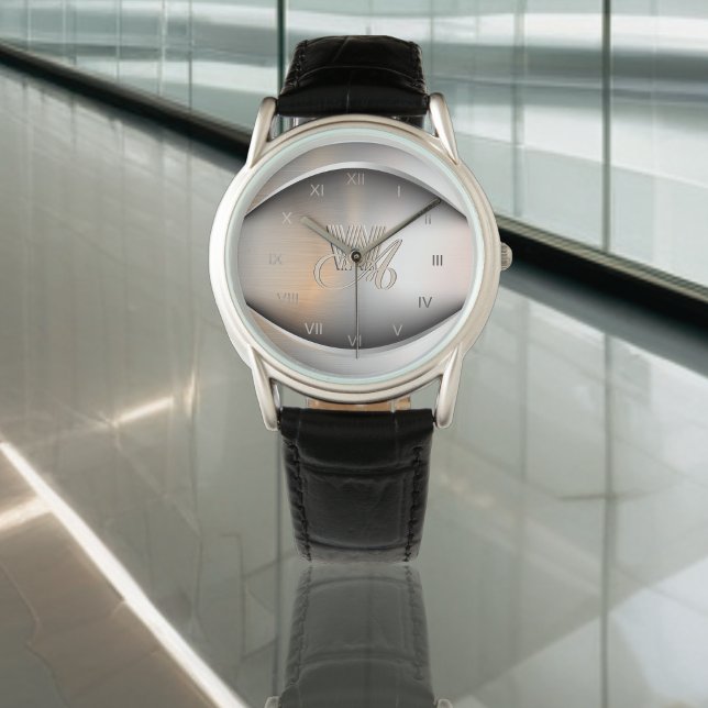 Geborsteld staal met gegraveerd monogrammotief horloge (Creator heeft geüpload)