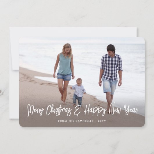 Geborsteld Wit Script Kerstmis & Nieuwjaar 2 Foto Feestdagenkaart (Voorkant)