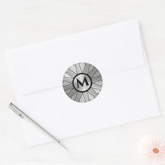 Geborsteld zilveren monogram Art Deco Ronde Sticker (Envelop)