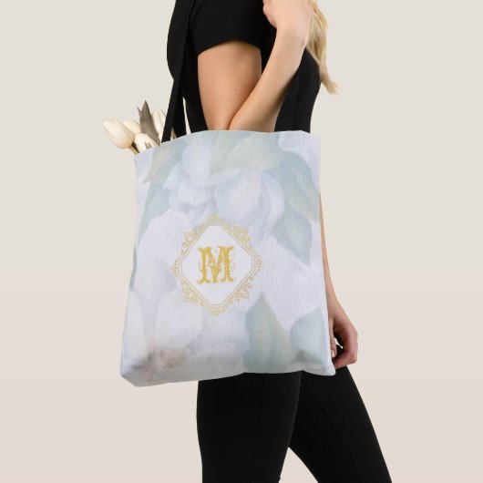 Geborstelde Floral Monogrammed bruiloft gunst Tote Bag (Dichtbij)