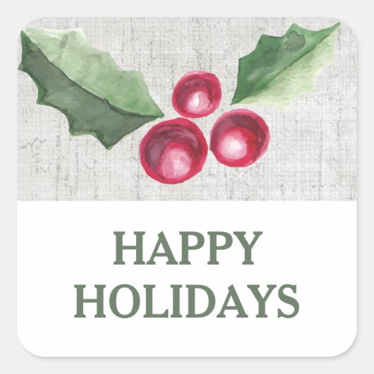 Geborstelde Hulst en Bessen Kerstfeest Vierkante Sticker (Voorkant)