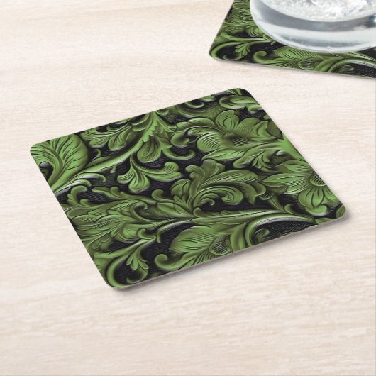 Gebosseerd groen zwart faux leer kartonnen onderzetters (Schuin)