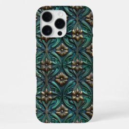 Gebosseerde gouden en groene bloemen iPhone 16 pro max hoesje