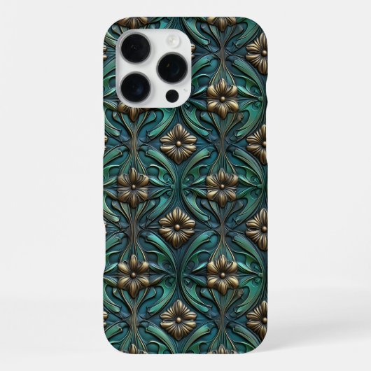 Gebosseerde gouden en groene bloemen iPhone hoesje (Achterkant)