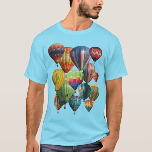 Geboste, kleurrijke heteluchtballonnen op blauwe T T-shirt (Voorkant)