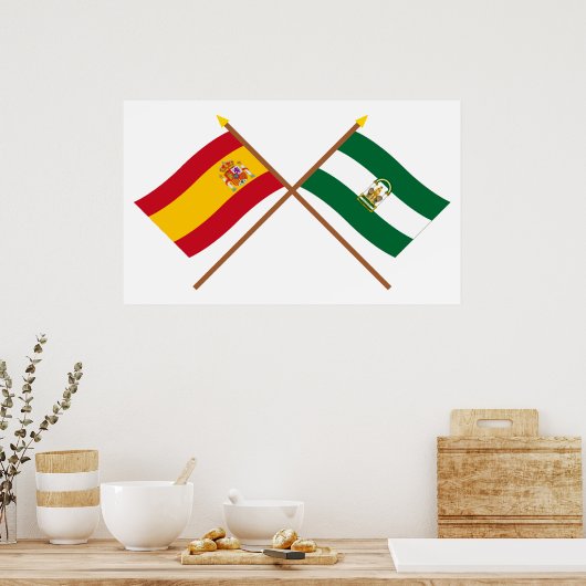 Geboste vlaggen van Spanje en Andalusië Poster (Keuken)