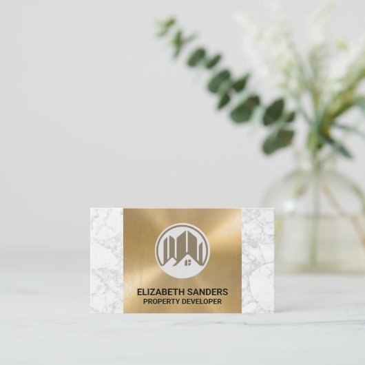 Gebouw- en thuispictogram | Goud Metaal Marmer Visitekaartje (Staand voorkant)