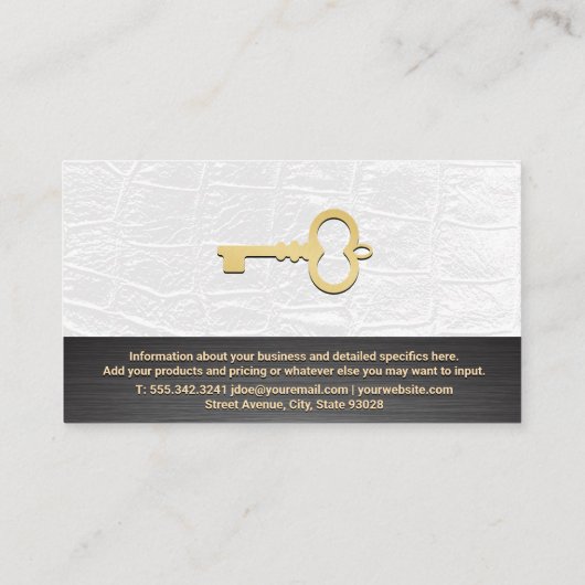 Gebouw Logo | Witte Leer | Skelet Sleutel Visitekaartje (Achterkant)