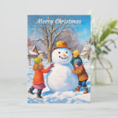 Gebouw Sneeuwman Winter Sneeuw Scène Vrolijk Kerst Feestdagenkaart (Staand voorkant)