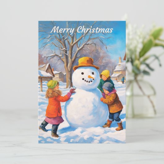 Gebouw Sneeuwman Winter Sneeuw Scène Vrolijk Kerst Feestdagenkaart (Staand voorkant)
