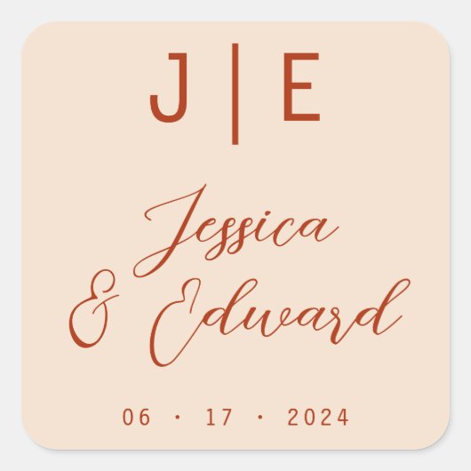 Gebrand Sinaasappel Monogram Elegant Script Koppel Vierkante Sticker (Voorkant)