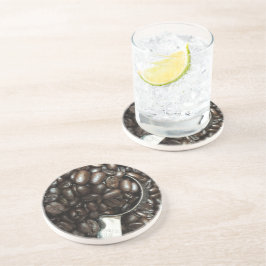 gebrande koffiebonen met een zilverfilm zandsteen onderzetter