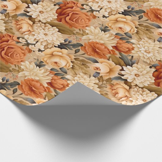  gebrande oranje bruine beige bloemen cadeaupapier (Hoek)