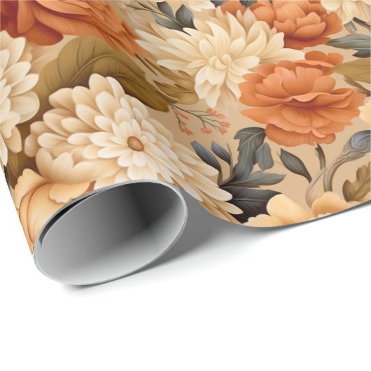  gebrande oranje bruine beige bloemen cadeaupapier (Rol Hoek)