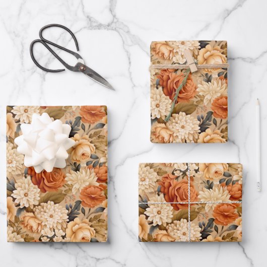 gebrande oranje bruine beige bloemen inpakpapier vel (Voorkant)
