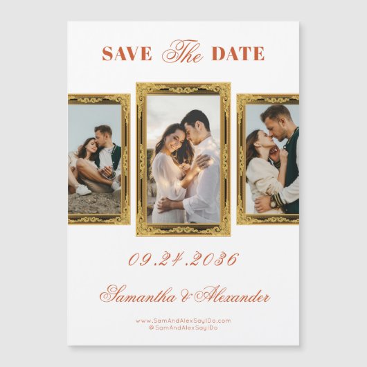 Gebrande Oranje Script 3 Foto Sla de datum op Magnetische Uitnodiging (Voorkant)