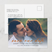 Gebrande Oranje Tekst Foto Wedding Sla de Datum op Aankondigingskaart (Voorkant / Achterkant)