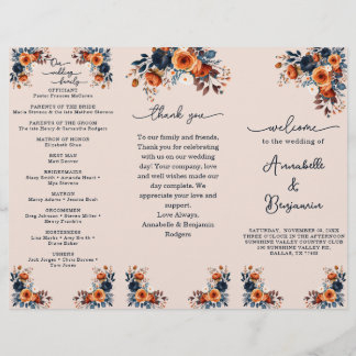 Gebrande Sinaasappel en Navy Floral Rozen Wedding  Flyer