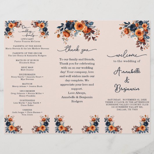 Gebrande Sinaasappel en Navy Floral Rozen Wedding  Flyer (Voorkant)