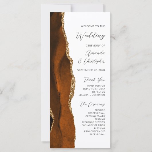 Gebrande Sinaasappel Gold Agate Wedding Program (Voorkant)