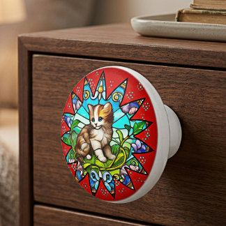 Gebrandschilderd Glas Kitten Bloemmotief Keramische Knop