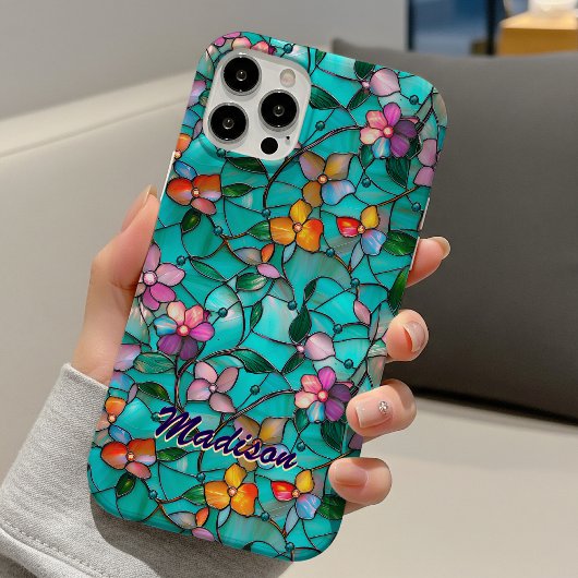 Gebrandschilderd glas paars turquoise bloem kunstp Case-Mate iPhone case