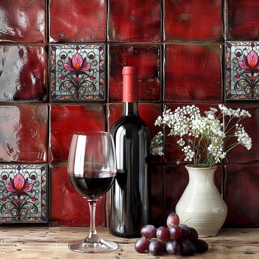 Gebrandschilderd Glas Rood Roze Bloem Tegeltje
