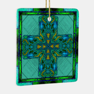 Gebrandschilderd Keltisch Kruis in Goud en Groen Keramisch Ornament