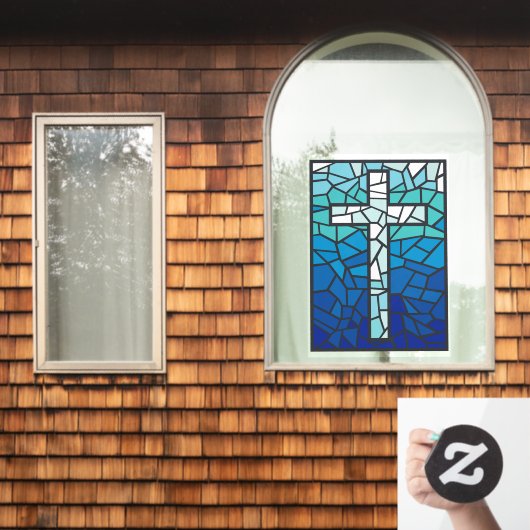 Gebrandschilderd Kruis Blauw Zwart Wit Raamsticker (Huis Raam)
