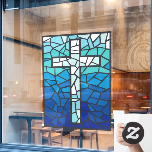 Gebrandschilderd Kruis Blauw Zwart Wit Raamsticker (Cafe Raam)