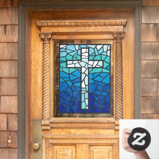Gebrandschilderd Kruis Blauw Zwart Wit Raamsticker (Huis Deur)