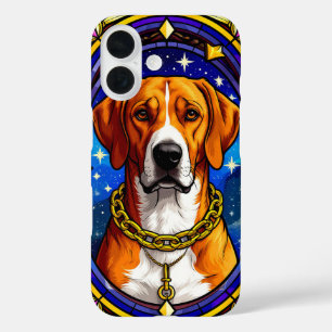 Gebrandschilderd portret van een hond met gouden k iPhone 16 hoesje