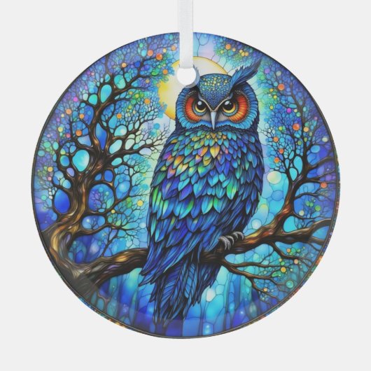 Gebrandschilderde blauwe uil ronde glazen kerstbal glas ornament (Voorkant)