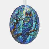 Gebrandschilderde blauwe uil ronde glazen kerstbal glas ornament (Voorkant Rechts)