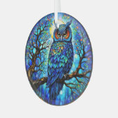 Gebrandschilderde blauwe uil ronde glazen kerstbal glas ornament (Voorkant links)