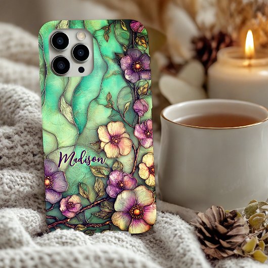 Gebrandschilderde bloemen turquoise Case-Mate iPhone case