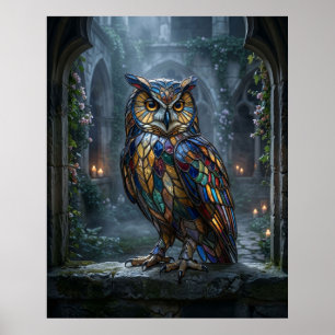 Gebrandschilderde Glas Uil Maneschijn Poster