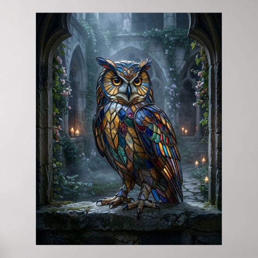 Gebrandschilderde Glas Uil Maneschijn Poster (Voorkant)
