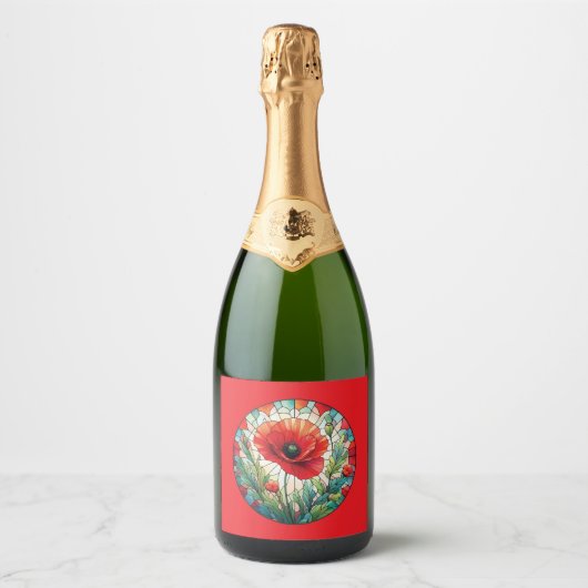 Gebrandschilderde klaproos sparkling wijnetiket (Voorkant)