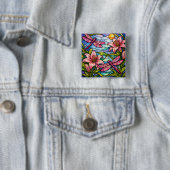 Gebrandschilderde lelies en libellen roze vierkante button 5,1 cm (In situ)