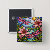 Gebrandschilderde lelies en libellen roze vierkante button 5,1 cm (Voorkant /achterkant)