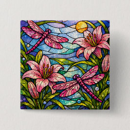 Gebrandschilderde lelies en libellen roze vierkante button 5,1 cm