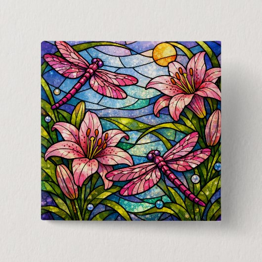 Gebrandschilderde lelies en libellen roze vierkante button 5,1 cm (Voorkant)