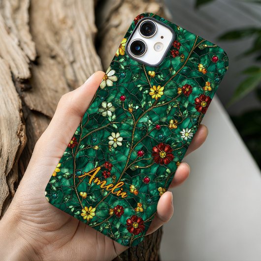 Gebrandschilderde rode turquoise bloemen Case-Mate iPhone case