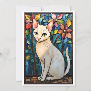 Gebrandschilderde stijl Witte Kat met Bloemen Plat Kaart
