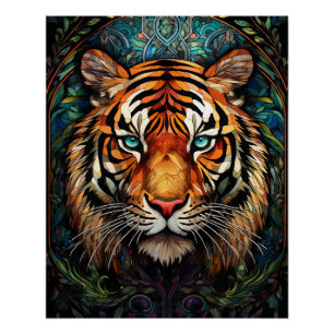 Gebrandschilderde Tijger Blauwe Ogen Kunst Perfect Poster