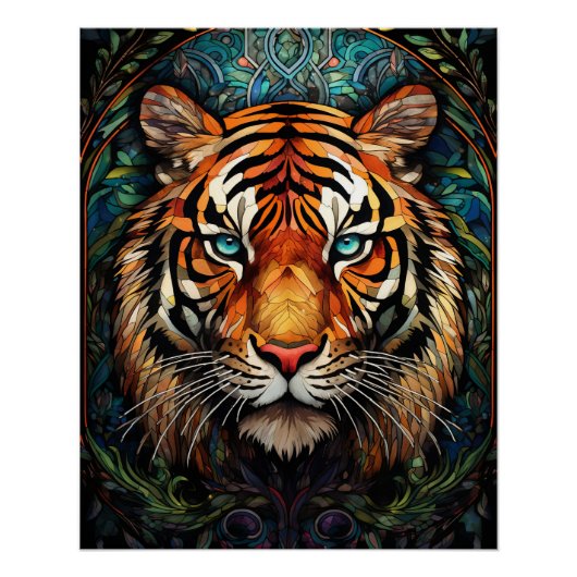 Gebrandschilderde Tijger Blauwe Ogen Kunst Perfect Poster (Voorkant)