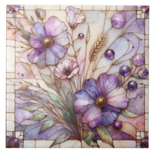 Gebrandschilderde violette bloem tegeltje (Voorkant)