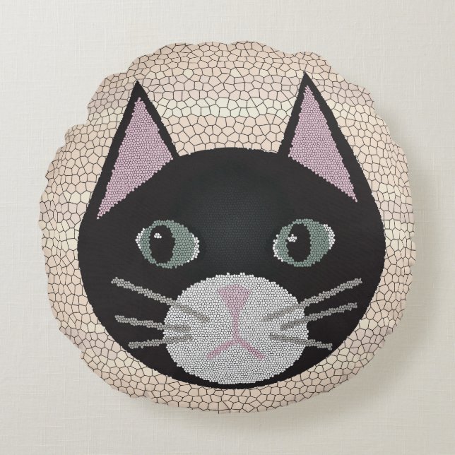 Gebrandschilderde Zwarte Kat, Beige Rond Kussen (Voorkant)