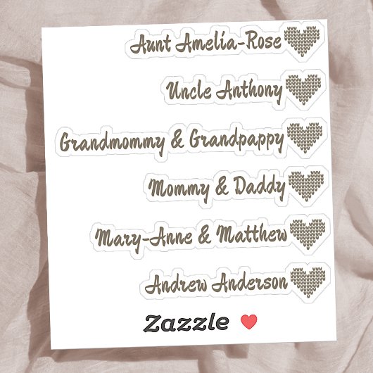 Gebreid Hart Symbool Aangepaste Gastlijst 6 Namen Sticker